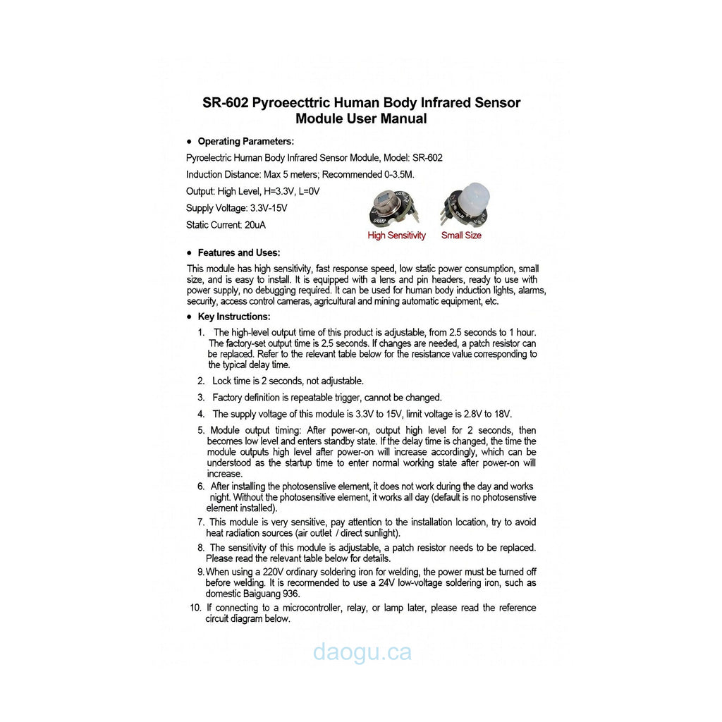 Mini SR602 Human Body Sensor Module Pyroelectric Infrared Sensor Probe Switch High Sensitivity