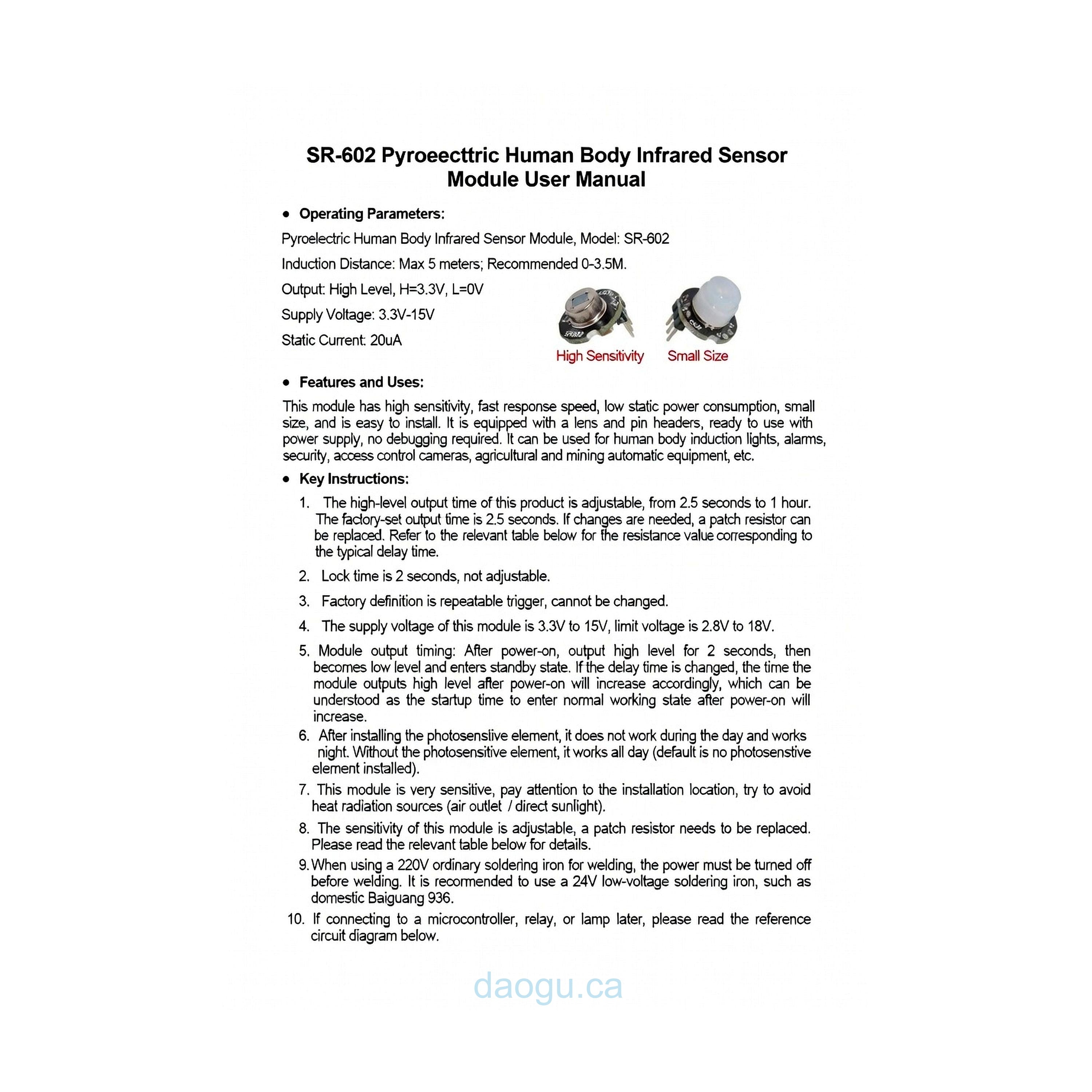 Mini SR602 Human Body Sensor Module Pyroelectric Infrared Sensor Probe Switch High Sensitivity